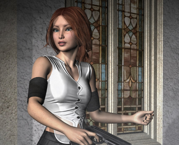 Обои картинки фото 3д графика, люди , people, оружие, фон, взгляд, девушка