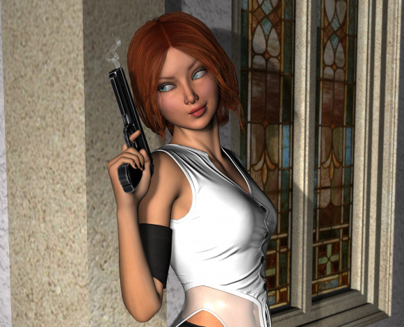 Обои картинки фото 3д графика, люди , people, девушка, оружие, фон, взгляд