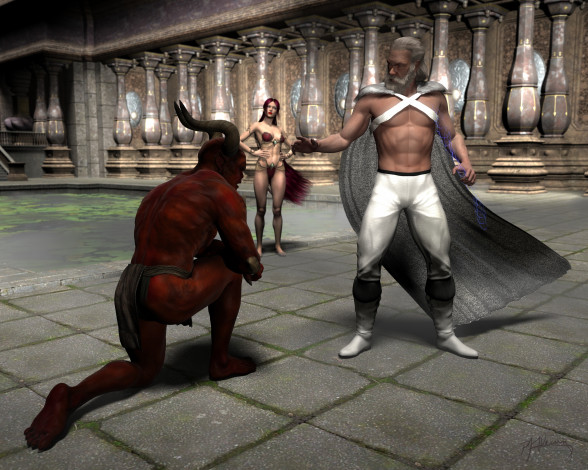 Обои картинки фото 3д графика, фантазия , fantasy, мужчина, взгляд, фон, девушка, демон