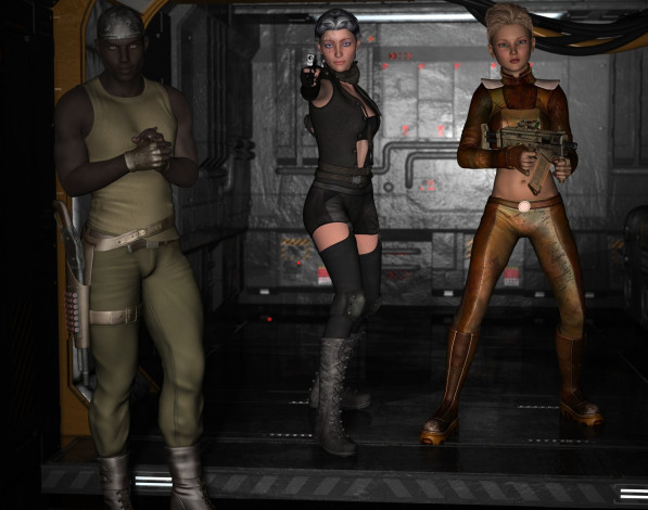 Обои картинки фото 3д графика, фантазия , fantasy, парень, оружие, фон, взгляд, девушки