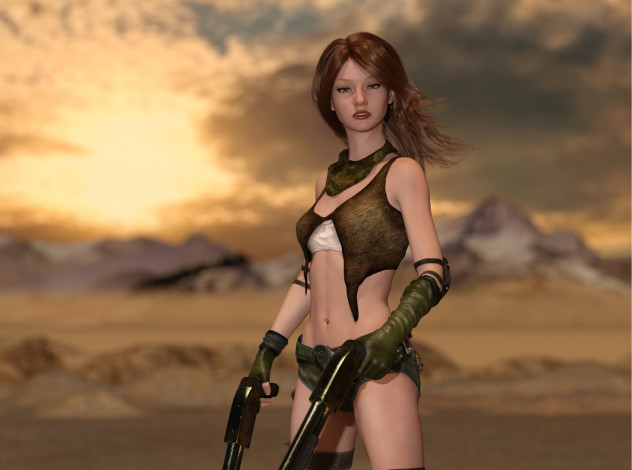 Обои картинки фото 3д графика, фантазия , fantasy, оружие, фон, взгляд, девушка