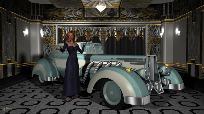 Обои картинки фото 3д графика, люди-авто, мото , people- car ,  moto, девушка, взгляд, фон, рыжая, автомобиль