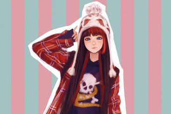 Картинка аниме unknown +другое длинные волосы вязанная голубые глаза куртка рыжая шапка полоска помпон череп