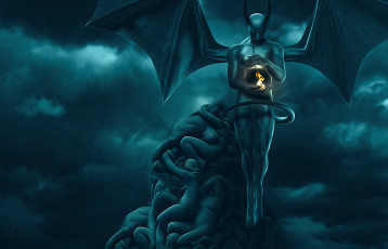 Картинка фэнтези демоны рога крылья существо огонь фон