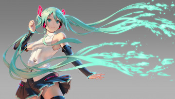 Картинка аниме vocaloid мини-юбка art hatsune miku голубые волосы перчатки галстук вокалоид серый фон pinakes