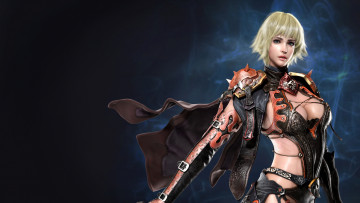 Картинка фэнтези девушки поза взгляд простой фон дым блондинка доспехи