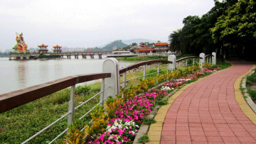 Картинка природа парк водоем пагоды аллея цветы