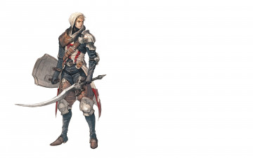 Картинка фэнтези люди белый фон art капюшон рыцарь мужчина меч sword шит