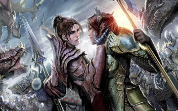 Картинка фэнтези люди любовь броня оружие бой девушка парень
