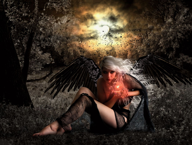 Обои картинки фото фэнтези, фотоарт, девушка, взгляд, фон, крылья