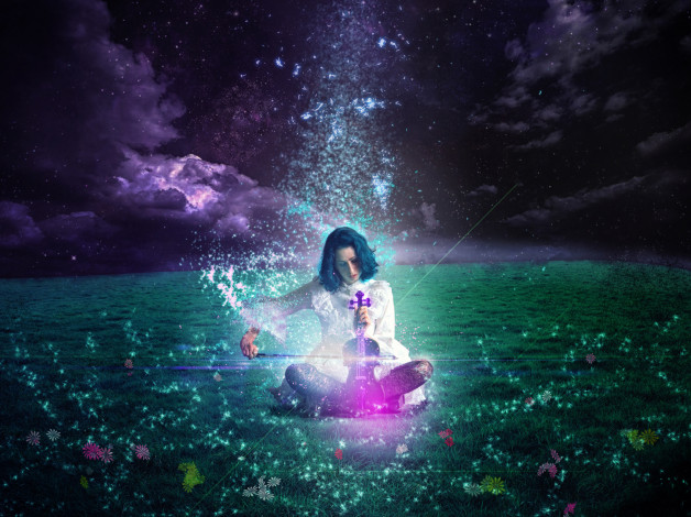 Обои картинки фото музыка, - другое, игра, скрипка, фон, небо, девушка, поле