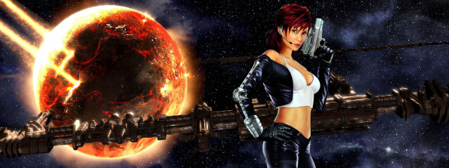Обои картинки фото фэнтези, девушки, космос, станция, планета, апокалипсис, девушка, оружие