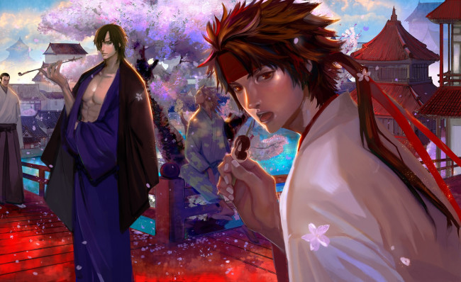 Обои картинки фото аниме, sengoku basara, мост, трубка, цветение, yukimura, sanada, парни, кимоно, Япония, эпоха, смут, katakura, kojuurou, лепестки, sengoku, basara, date, masamune, сакура, повязка, на, глаз, sasuke, sarutobi