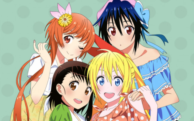 Обои картинки фото аниме, nisekoi, фон, взгляд, девушки