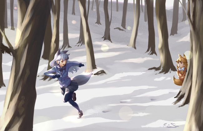 Обои картинки фото аниме, kemono friends, лес, взгляд, фон, девушка