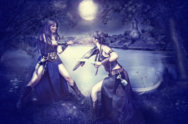 Обои картинки фото разное, cosplay , косплей, фон, девушки, униформа, бой