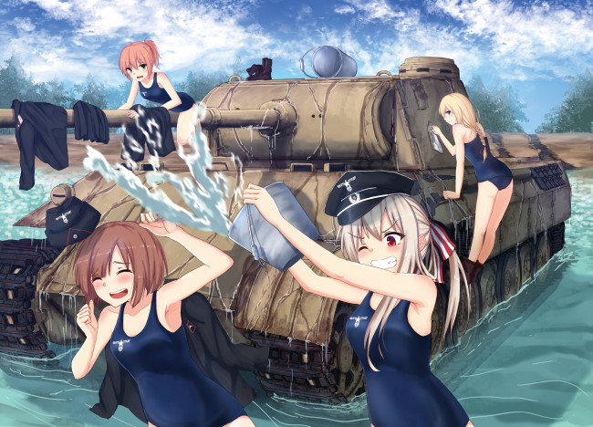 Обои картинки фото аниме, оружие,  техника,  технологии, взгляд, девушки, фон