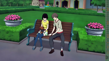 Картинка календари аниме девушка юноша игрушка скамейка улица