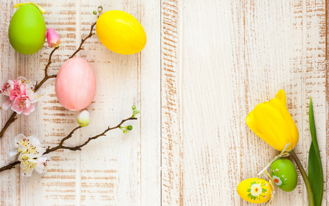 Обои картинки фото праздничные, пасха, цветы, tulips, blossom, весна, flowers, wood, eggs, decoration, ветки, happy, apple, spring, яйца, крашеные, easter, тюльпаны