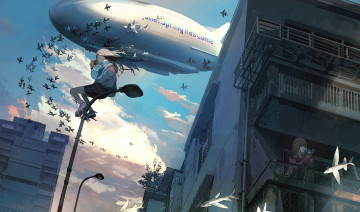 Картинка аниме unknown +другое+ дирижабль дома фонарь девочки рыбы