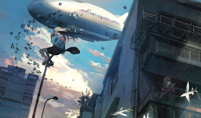 Обои картинки фото аниме, unknown,  другое , дирижабль, дома, фонарь, девочки, рыбы