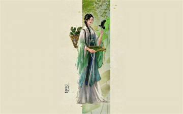 Картинка рисованное люди девушка корзина птица