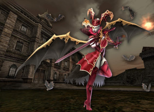 обоя видео игры, lineage ii,  the chaotic chronicle, персонаж, крылья, меч, летучие, мыши, здания