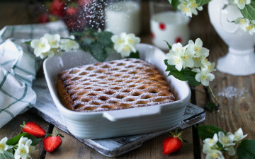 обоя еда, пироги, жасмин, пирог, ягоды, клубника