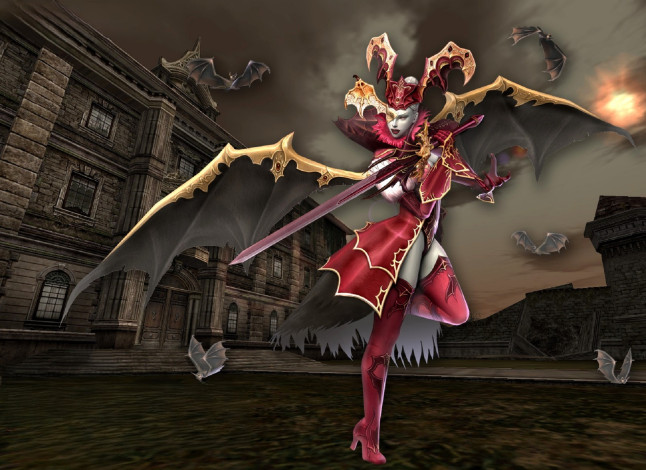 Обои картинки фото видео игры, lineage ii,  the chaotic chronicle, персонаж, крылья, меч, летучие, мыши, здания