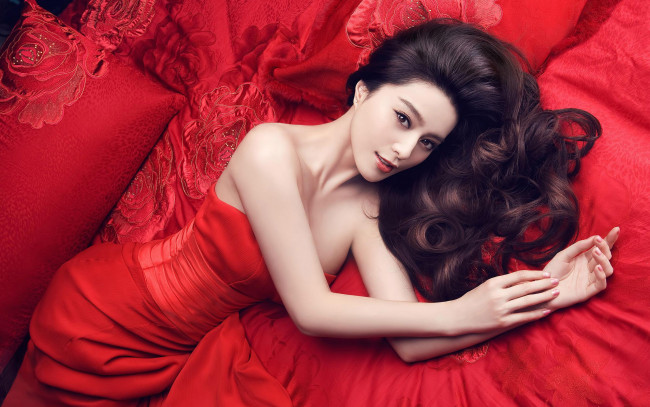 Обои картинки фото Fan Bingbing, девушки, , , красный, волосы, роскошь