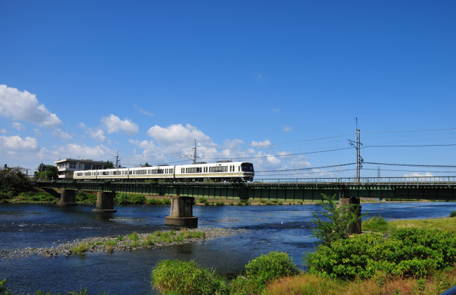 Обои картинки фото техника, электрички, река, мост