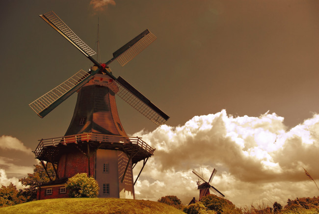 Обои картинки фото разное, мельницы, облака, голландия