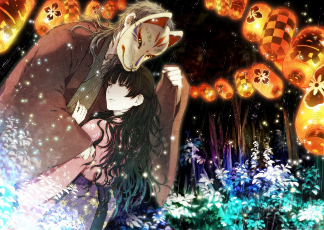 Обои картинки фото аниме, *unknown, другое, национальная, одежда, маска, парень, девушка