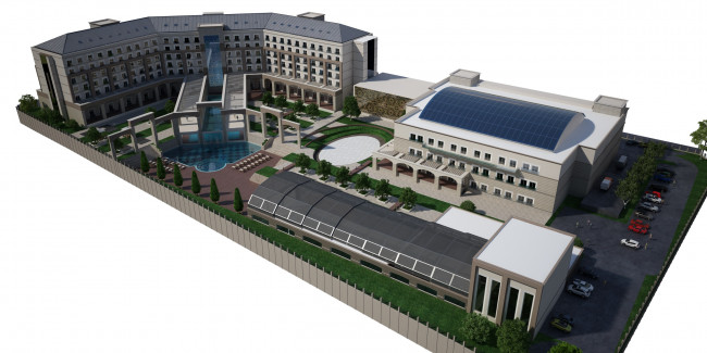 Обои картинки фото 3д, графика, architecture, архитектура, дома, бассейн, автомобили