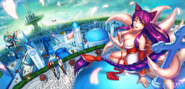 Обои картинки фото видео игры, league of legends, league, of, legends, chanseven, арт, персонажи, город, уши, девушка, ahri