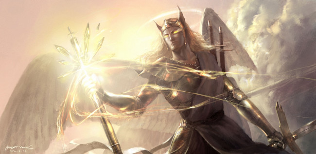 Обои картинки фото фэнтези, ангелы, меч, магия, посох