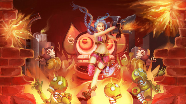 Обои картинки фото видео игры, league of legends, league, of, legends, jinx, джинкс, взрывы, роботы