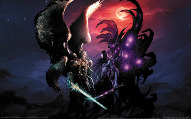 Обои картинки фото might & magic,  duel of champions, видео игры, might, and, magic, duel, of, champions, ангел, демон, мечи, противостояние