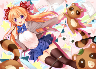 Картинка аниме gekkan+shoujo+nozaki-kun sakura chiyo gekkan shoujo nozaki-kun листы кисть банты рыжая еноты девушка арт