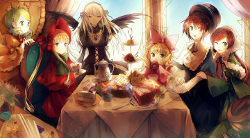 Картинка аниме rozen+maiden сладости еда hina ichigo kanaria rozen maiden стол suigintou souseiseki shinku benghuai-7 девочки арт suiseiseki