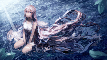Картинка аниме vocaloid вода девушка арт megurine luka листья