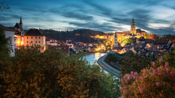 Картинка города Чески-крумлов+ Чехия Чески-крумлов город река огни вечер весна