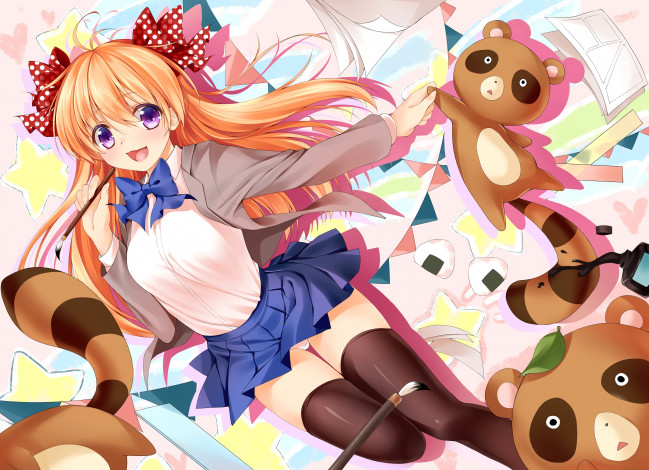 Обои картинки фото аниме, gekkan shoujo nozaki-kun, sakura, chiyo, gekkan, shoujo, nozaki-kun, листы, кисть, банты, рыжая, еноты, девушка, арт