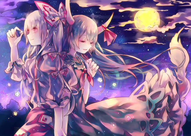 Обои картинки фото аниме, touhou, луна, ночь, девочки, арт, cha, goma, kamishirasawa, keine, fujiwara, no, mokou