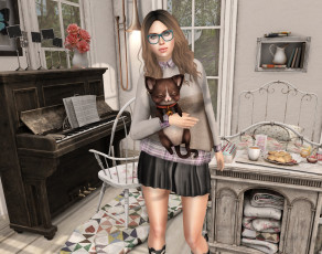 Картинка 3д+графика люди+ people девушка взгляд фон рыжая интерьер