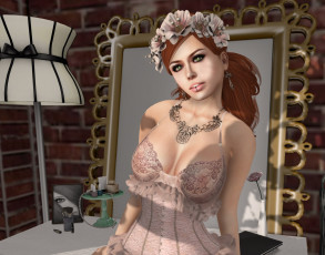 Картинка 3д+графика люди+ people девушка взгляд фон рыжая интерьер