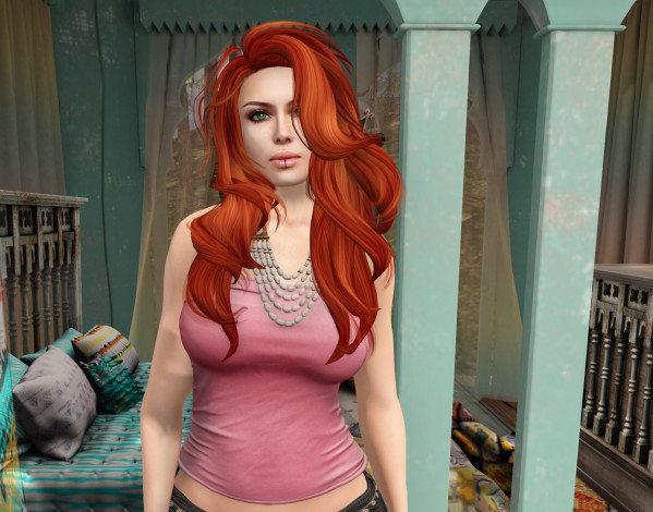Обои картинки фото 3д графика, люди , people, девушка, взгляд, фон, рыжая, интерьер