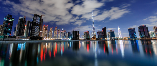 Обои картинки фото города, дубай , оаэ, небоскрёбы, панорама, вечер, мегаполис