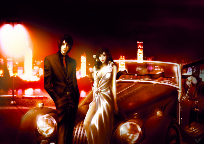 Обои картинки фото рисованное, люди, девушка, машина, парень