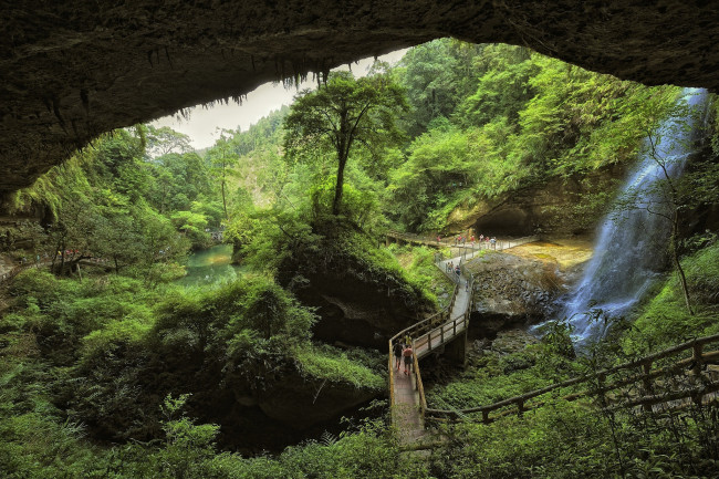 Обои картинки фото природа, водопады, лес, река, водопад